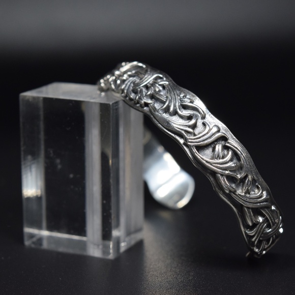 Sterling Silver Chrome Cross Flower Vine 925 Adjustable Bangle Cuff Bracelet - Picture 6 of 6